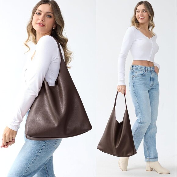 Women Coffee Imported PU Polyester Leather Hobo Soft Vegan Shoulder Tote Bags - Picture 2 of 6